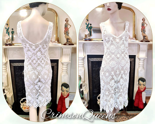 Vintage flapper 1920s gypsy bohemian white day crochet  knitted day dress size UK 8 US 6