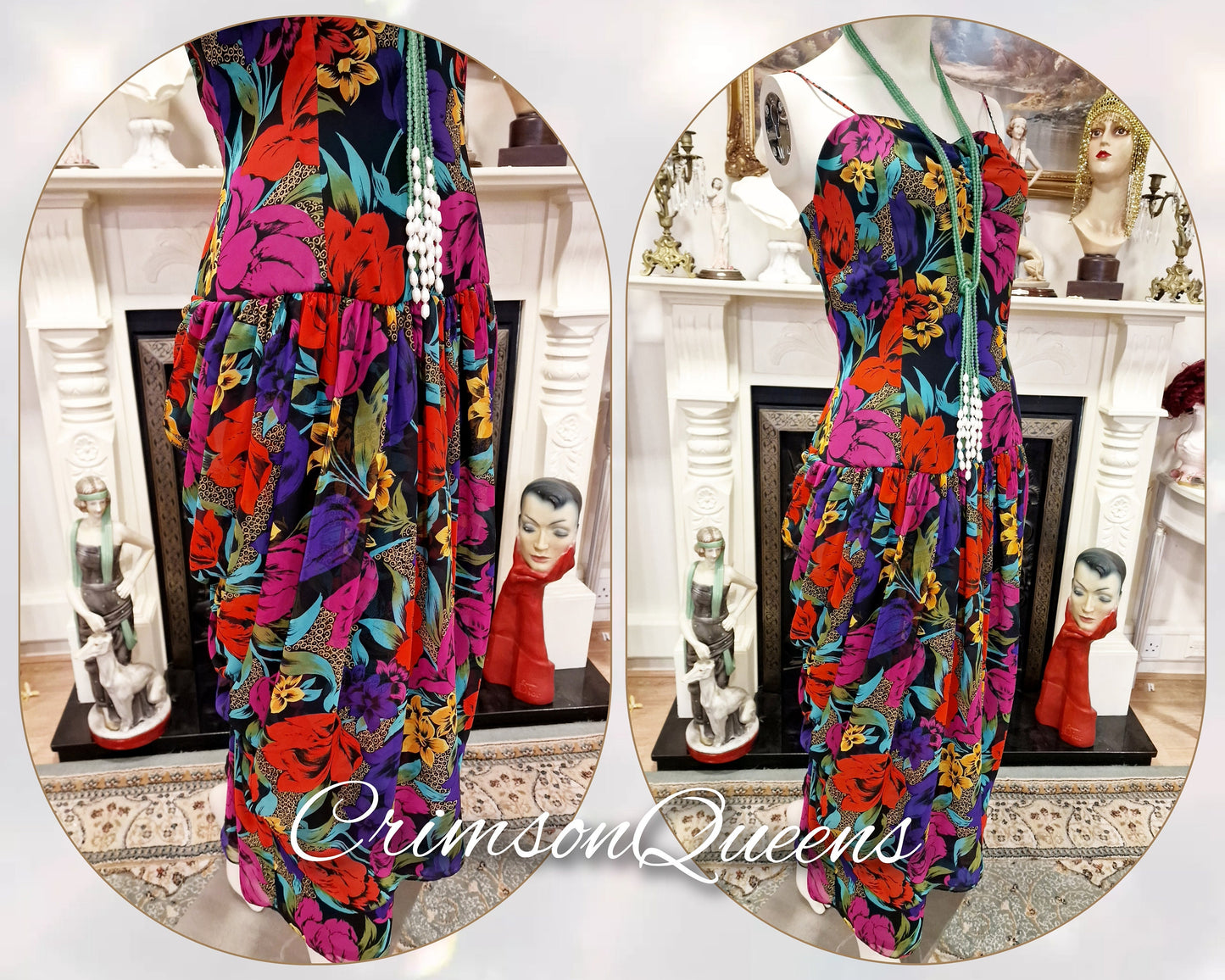 Multicoloured 1920s 1930s  Downton Abbey romantic chiffon ruffled garden party cocktail floral dress with matching shawl size UK 12 US 8