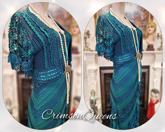 Vintage dark turquoise flapper Great GAtsby 1920s crochet Downton bohemian gypsy chic retro emmbellished  1920s dress size UK 8 US 4