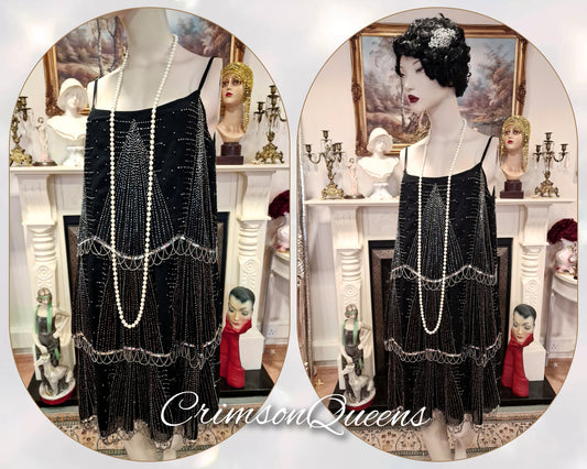 Vintage Art Deco flapper 1920s Great Gatsby Downton Abbey spectacular luxurious evening black silver beaded tasseled dress size UK 12 US 8