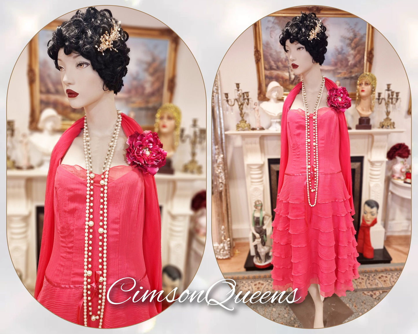 Laura Ashley all silk Art Deco vintage pink romantic Downton Abbey flapper 1920s dress Great Gatsby size UK 14 US 8