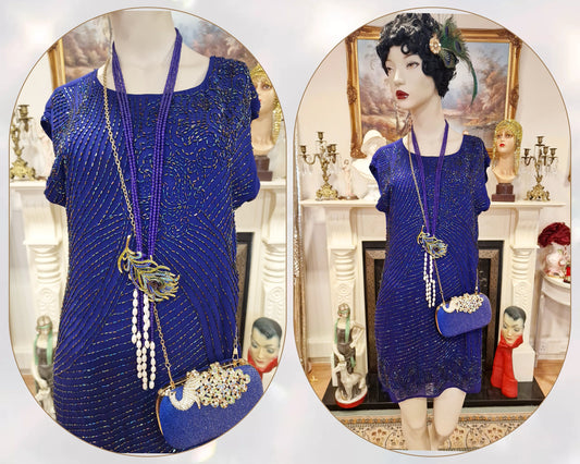 Vintage purple blue oriental Downton Abbey 1920s flapper sequinned beaded embellished Great Gatsby silk all 100% silk dress size UK 10 US 6