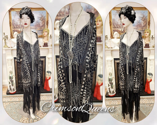 Vintage Downton Abbey Great Gatsby black beaded silk dress 1920s flapper ensemble with Art Deco beaded duster size UK 10 12 US 6 8