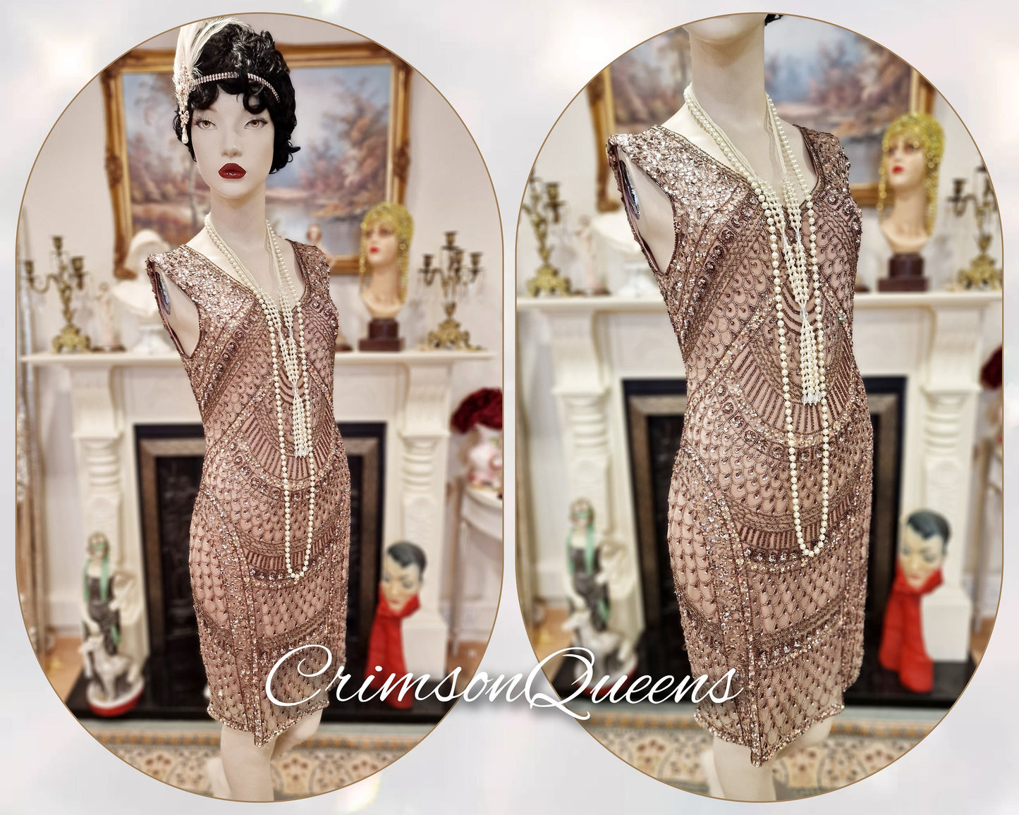 Vintage Great Gatsby pale pink beaded  embellished shell flapper style dress 1920s beaded embellished dress UK 8 US 4