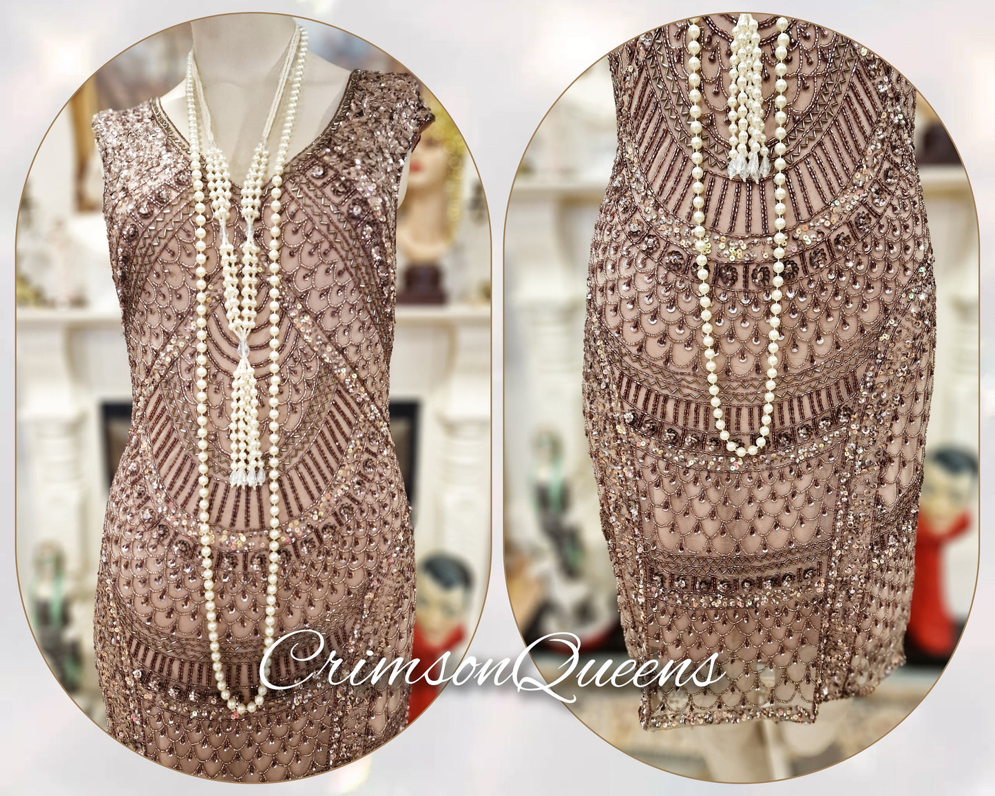 Vintage Great Gatsby pale pink beaded  embellished shell flapper style dress 1920s beaded embellished dress UK 8 US 4