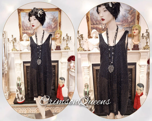 1920s Art Deco Flapper Charleston Gatsby vintage heavily beaded shell evening Avant Garde black dress size UK 12 14 US 8 10
