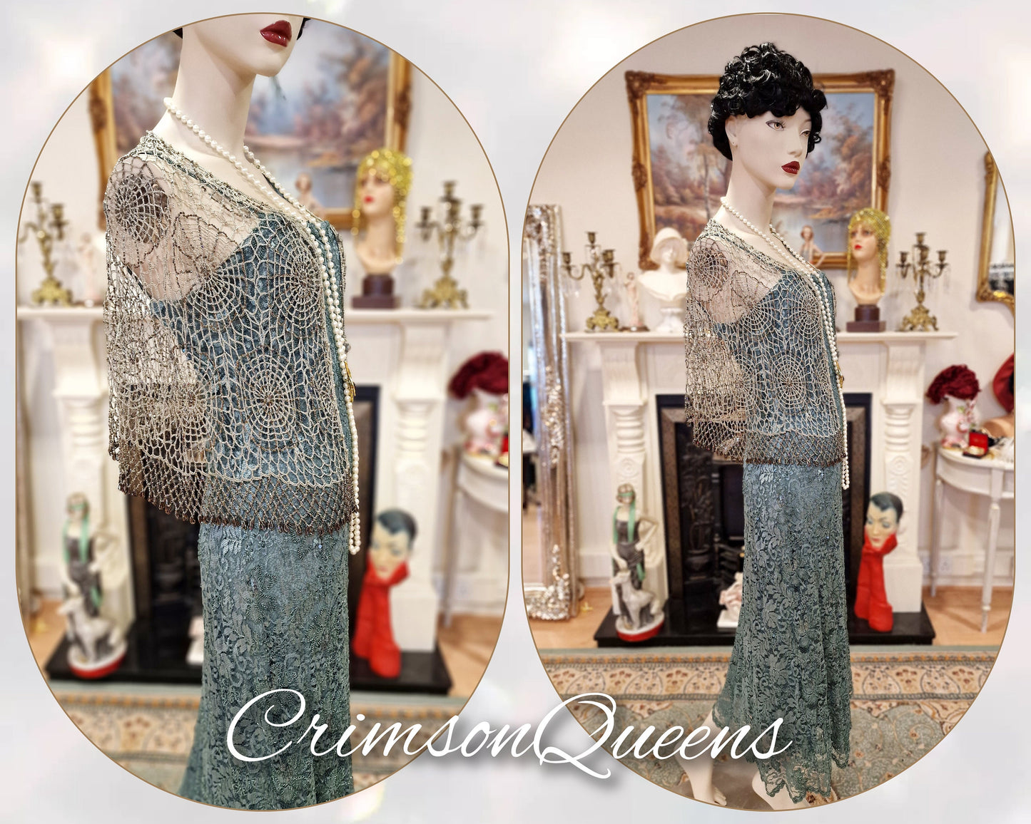 1920s laced Downton Abbey flapper 1920s embellished lace aqua mint green beaded sequinned dress size UK 14 US 10