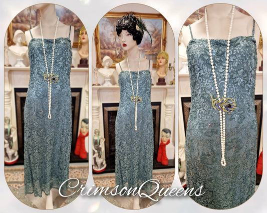 1920s laced Downton Abbey flapper 1920s embellished lace aqua mint green beaded sequinned dress size UK 14 US 10