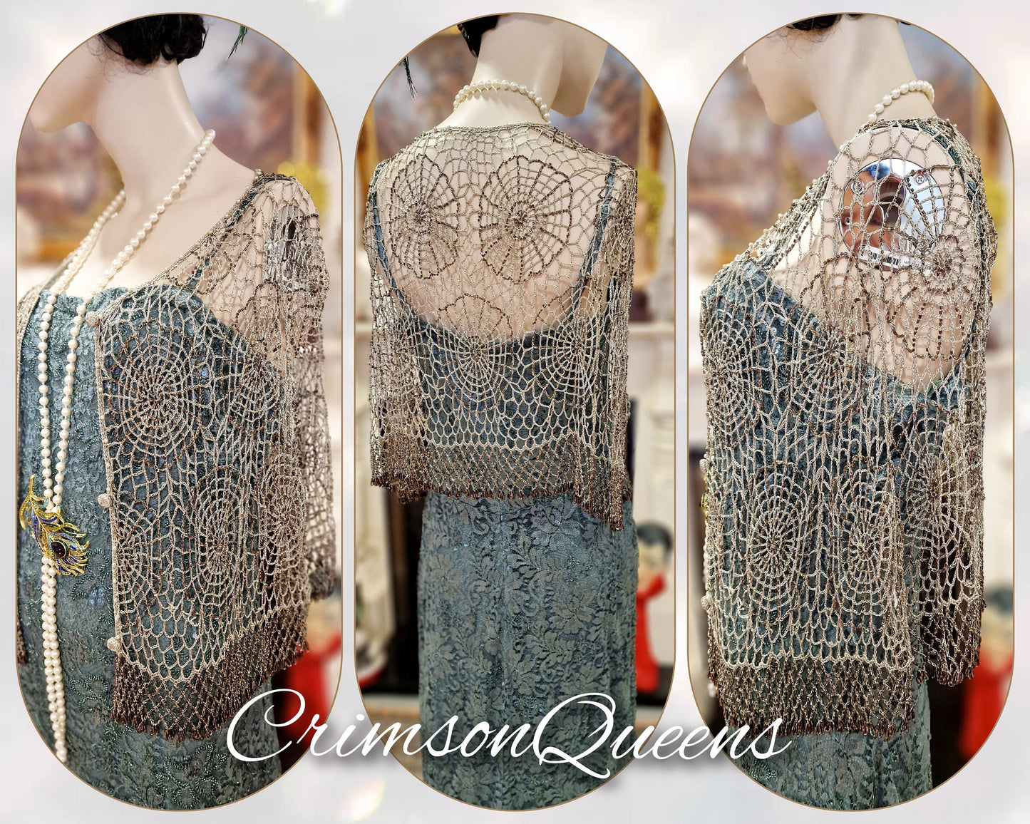 1920s laced Downton Abbey flapper 1920s embellished lace aqua mint green beaded sequinned dress size UK 14 US 10