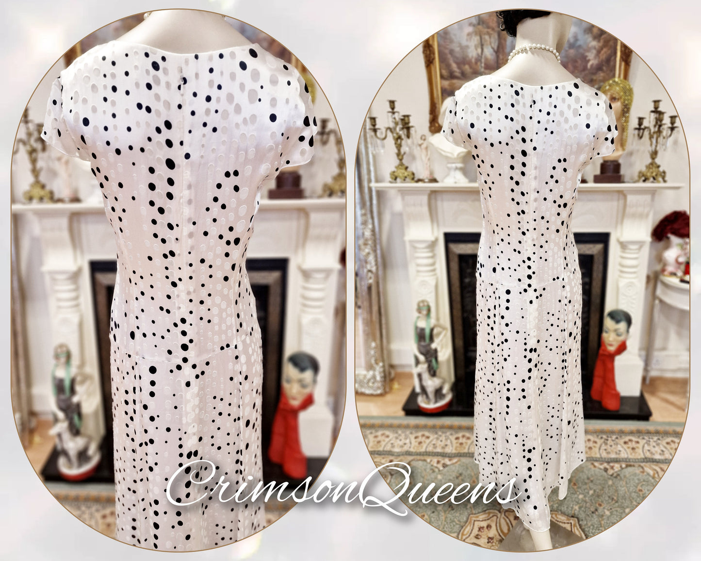 1930s  Vintage Downton Abbey dress Avant Garde 100% silk Devore bias cut  polka-dot spotty black and white monochrome dress size UK 12  US 8