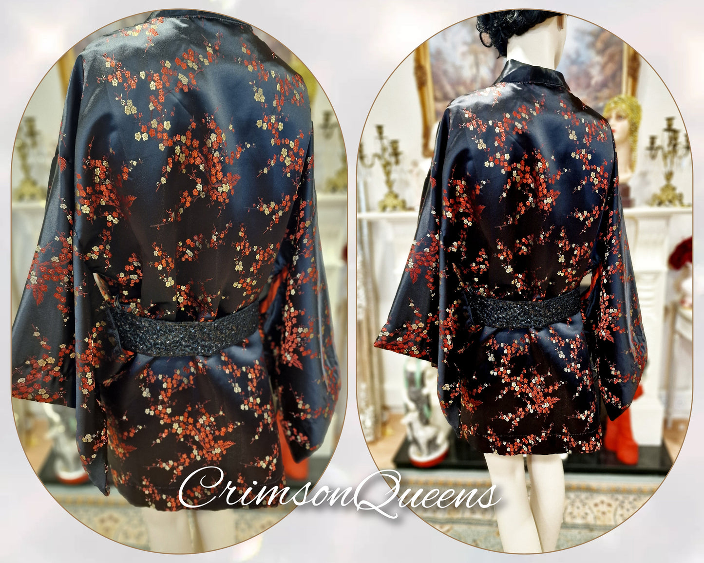 Vintage satin silk Japanese kimono 1920s Art Deco embroidered oriental Asian soft black duster coat with embellished belt UK 10 12 US 6 8