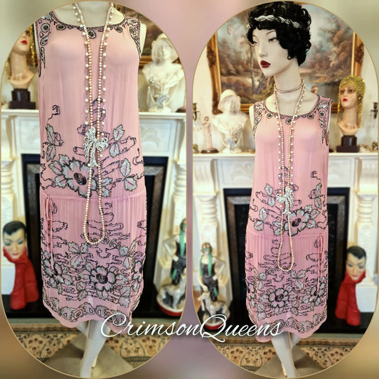 Vintage Great Gatsby pale pink  beaded flapper style dress ensemble with sequined coat duster1920s beaded embellished dress UK 10 US 6