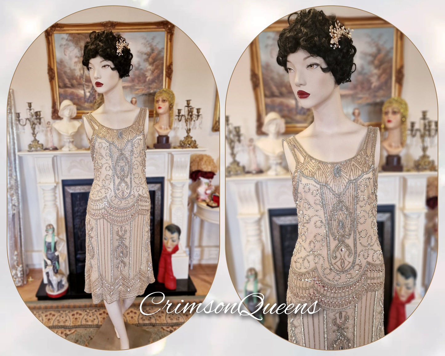 Vintage Great Gatsby pale gold beaded embellished shell flapper style dress 1920s beaded embellished dress UK 8 US 4