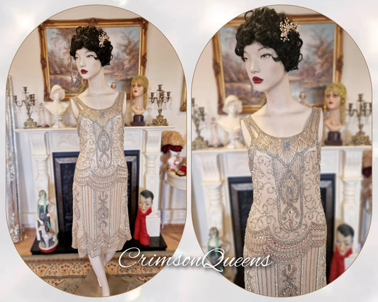 Vintage Great Gatsby pale gold beaded embellished shell flapper style dress 1920s beaded embellished dress UK 8 US 4