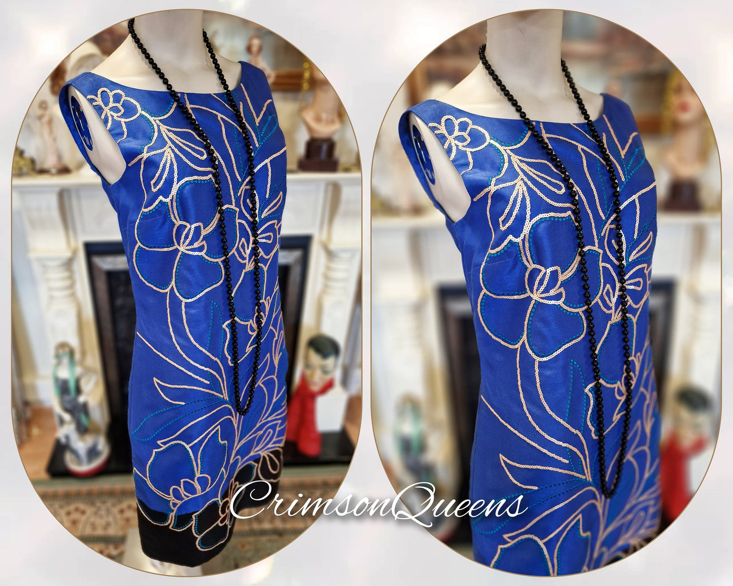 Vintage blue oriental Downton Abbey 1920s flapper sequinned beaded embellished Great Gatsby silk all 100% silk dress size UK 10 US 6