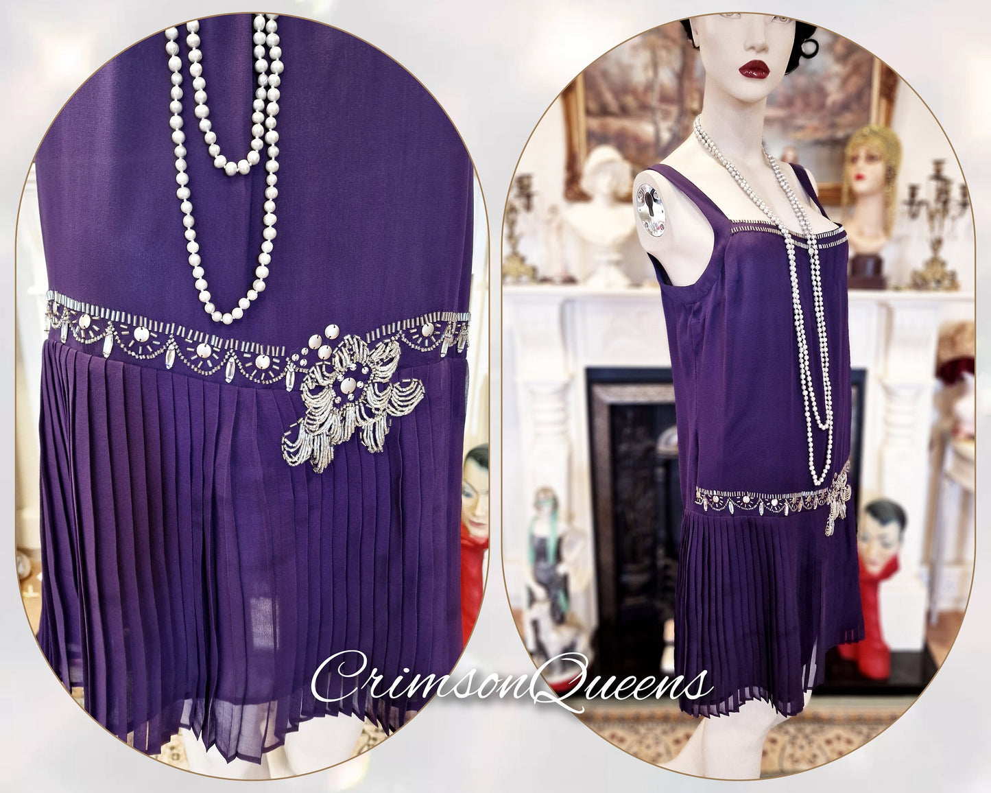 Vintage purple blue oriental Downton Abbey 1920s flapper sequinned beaded embellished Great Gatsby  100% silk dress size UK 14 US 10