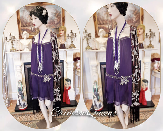 Vintage purple blue oriental Downton Abbey 1920s flapper sequinned beaded embellished Great Gatsby  100% silk dress size UK 14 US 10