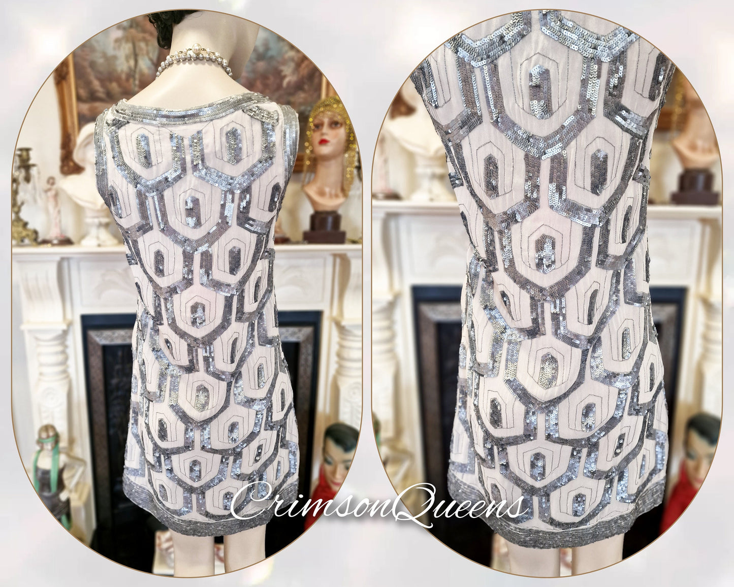 Flapper dress 1920s dress Great Gatsby dress Art Deco dress vintage silver silk dress heavily sequined dress size UK 14 US 10